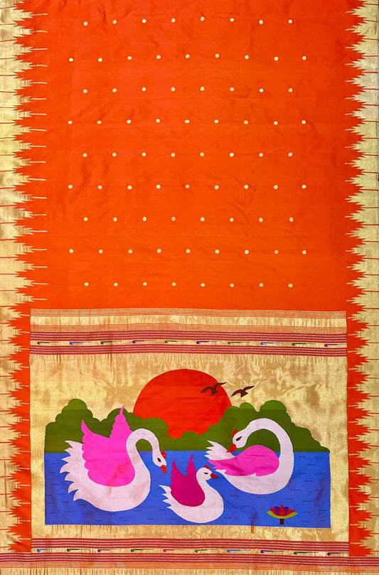 Orange handloom Paithani saree - Saffronfashionindia