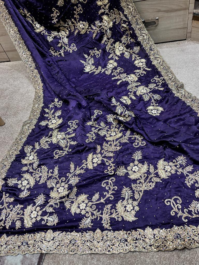 Purple zardosi crepe saree - Saffronfashionindia