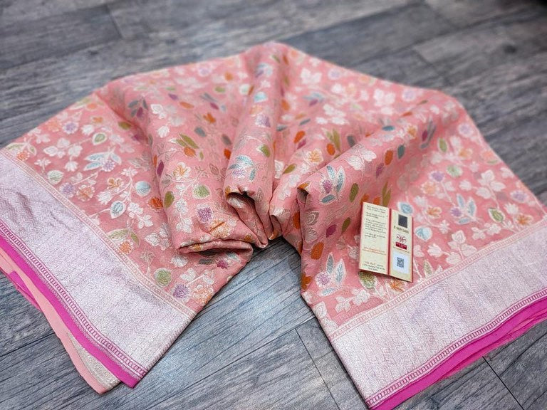 Water zari Meenakari khaddi gorgette saree - Saffronfashionindia
