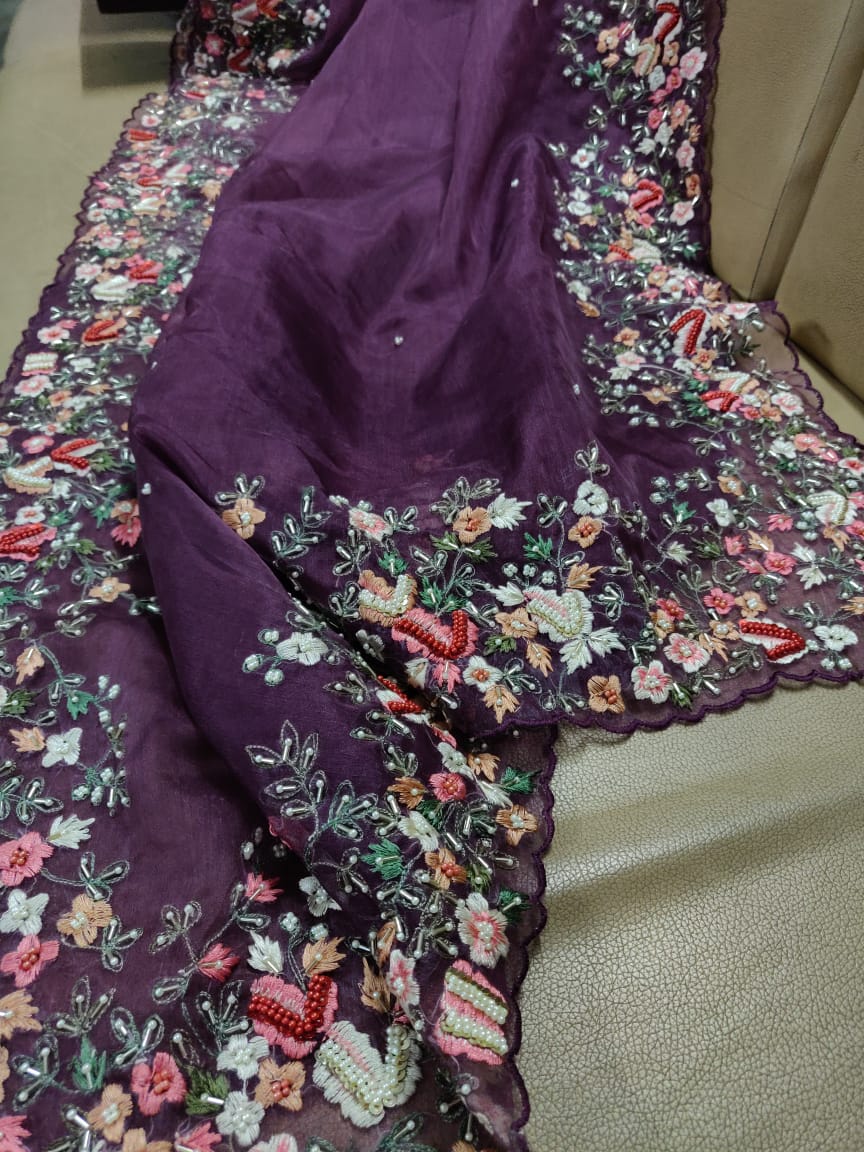 Lilac organza saree - Saffronfashionindia