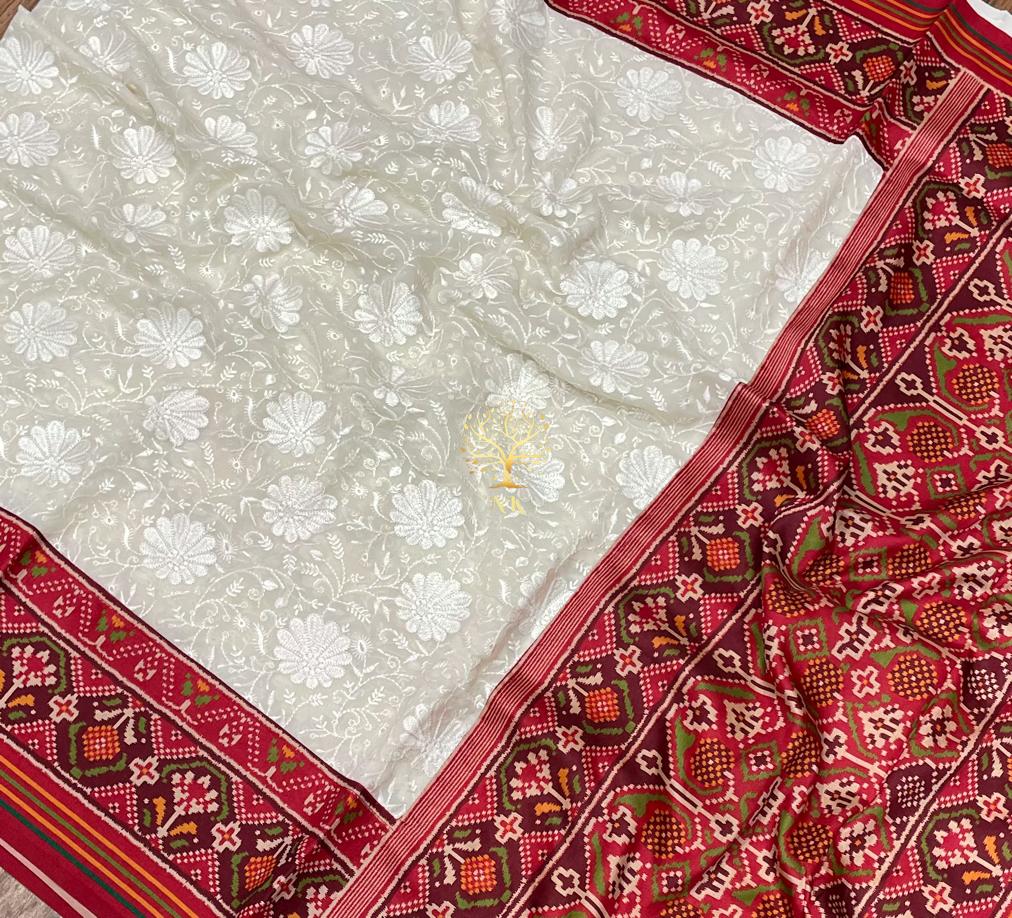 Chikankari patola gorgette saree - Saffronfashionindia