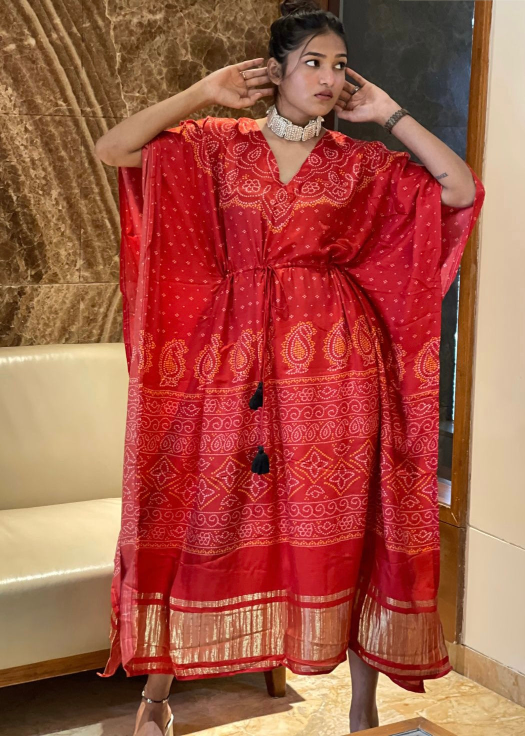 Red premium gajji silk kaftan - Saffronfashionindia