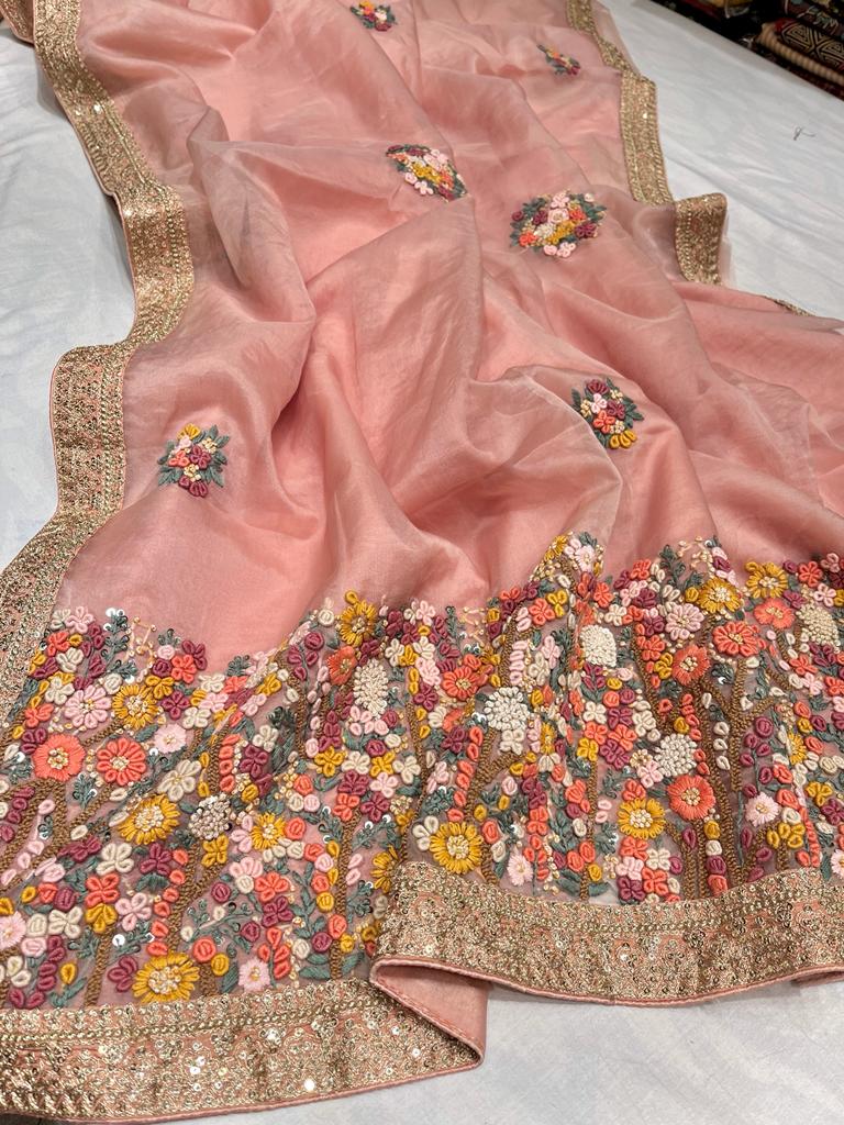 Benzie organza French knot saree - Saffronfashionindia