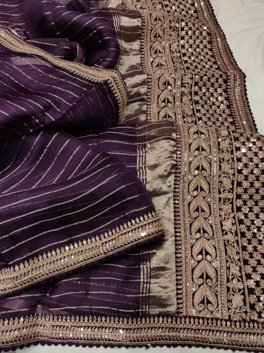 Organza striped saree - Saffronfashionindia