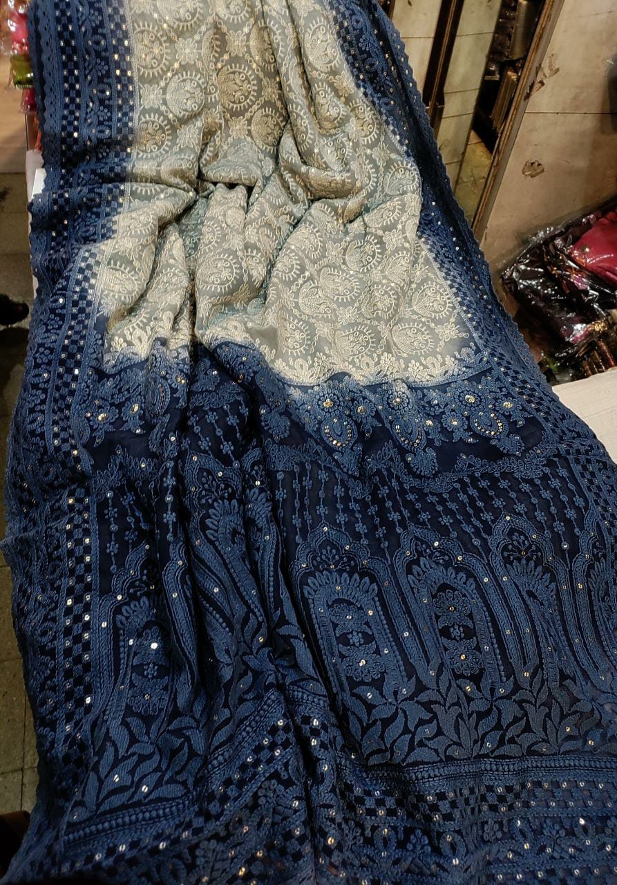 Beautiful dyed Chikankari gorgette saree - Saffronfashionindia