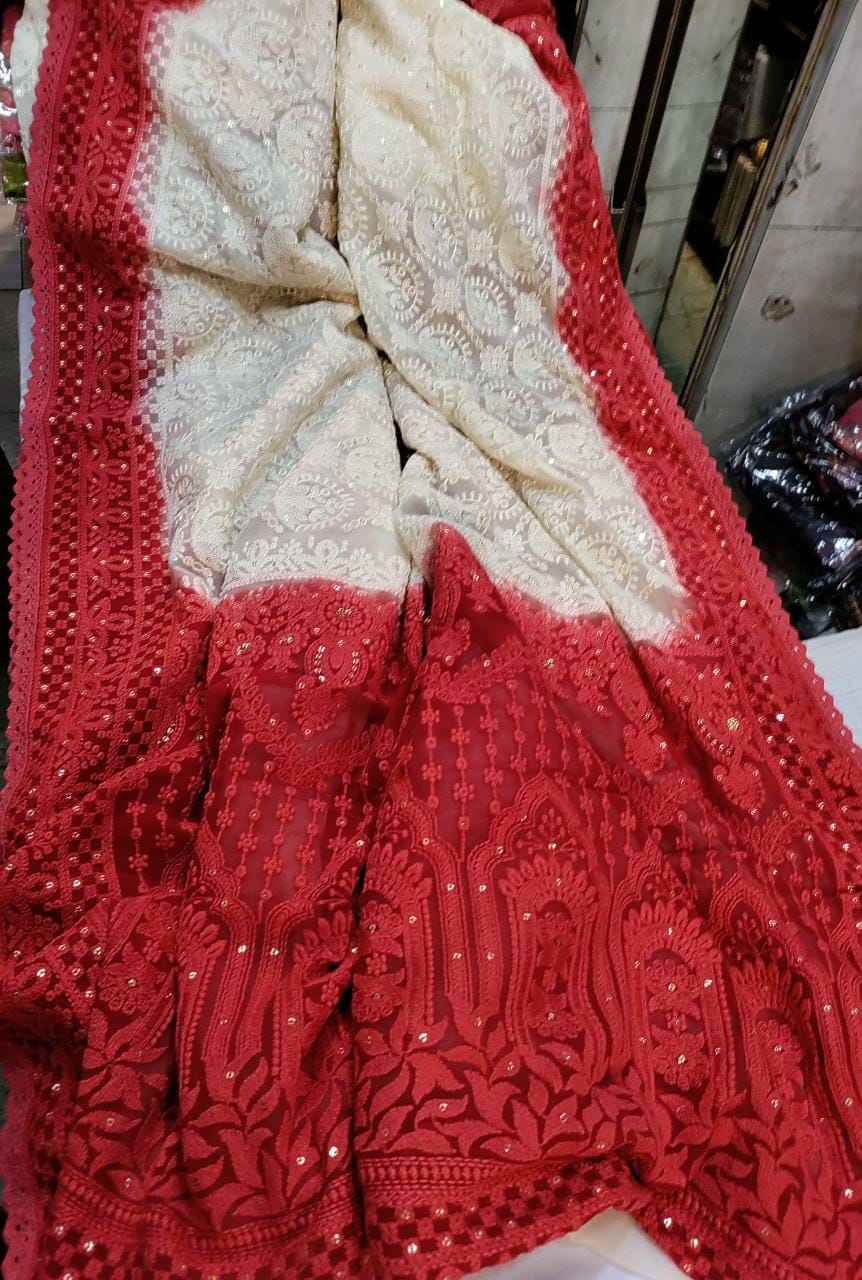 Beautiful dyed Chikankari gorgette saree - Saffronfashionindia