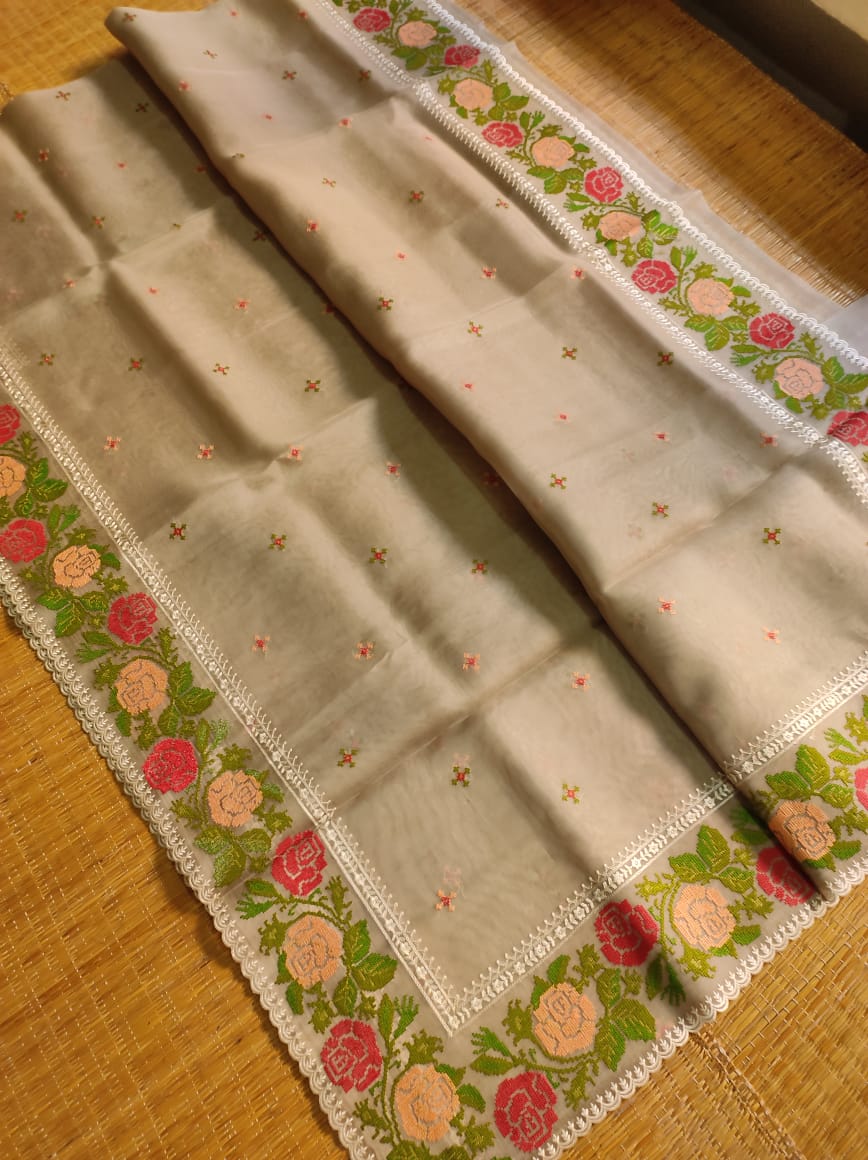 Organza cross stitched saree - Saffronfashionindia
