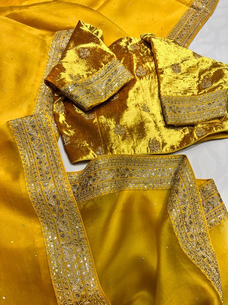 Velvet organza zardosi saree - Saffronfashionindia