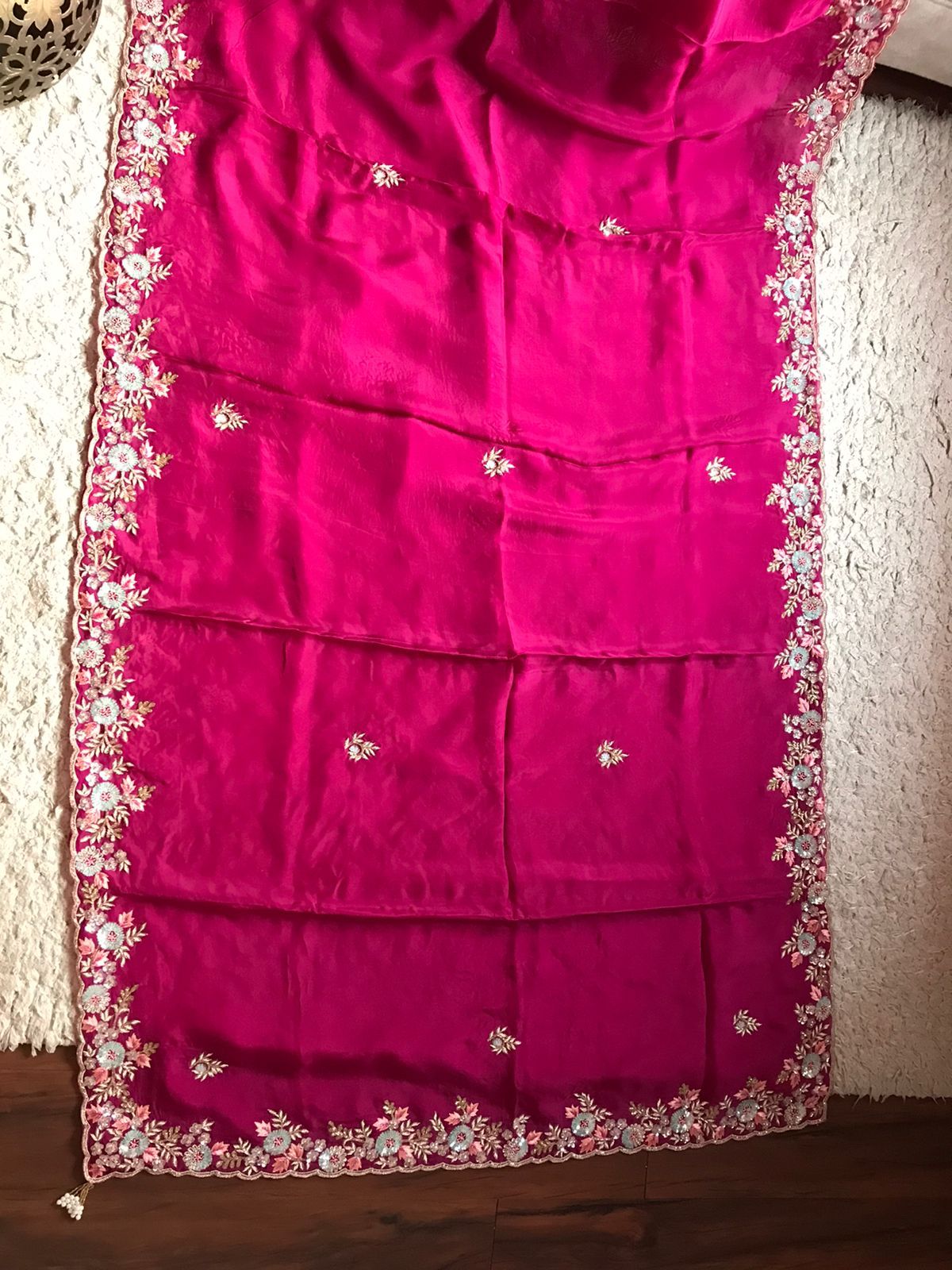 Wine inspired organza silk embroidered saree - Saffronfashionindia