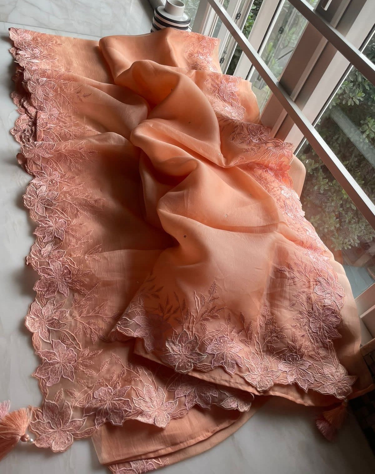 Peachy organza saree - Saffronfashionindia