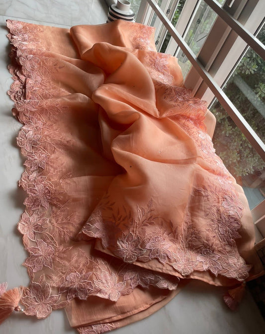 Peachy organza saree - Saffronfashionindia