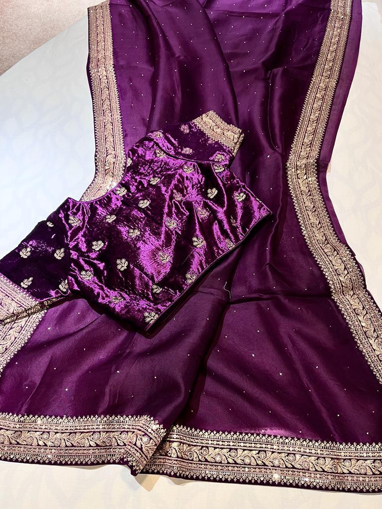 Velvet organza zardosi saree - Saffronfashionindia