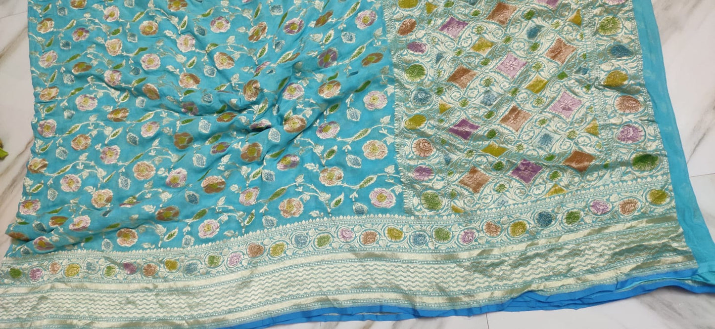 Water zari Meenakari khaddi gorgette saree - Saffronfashionindia