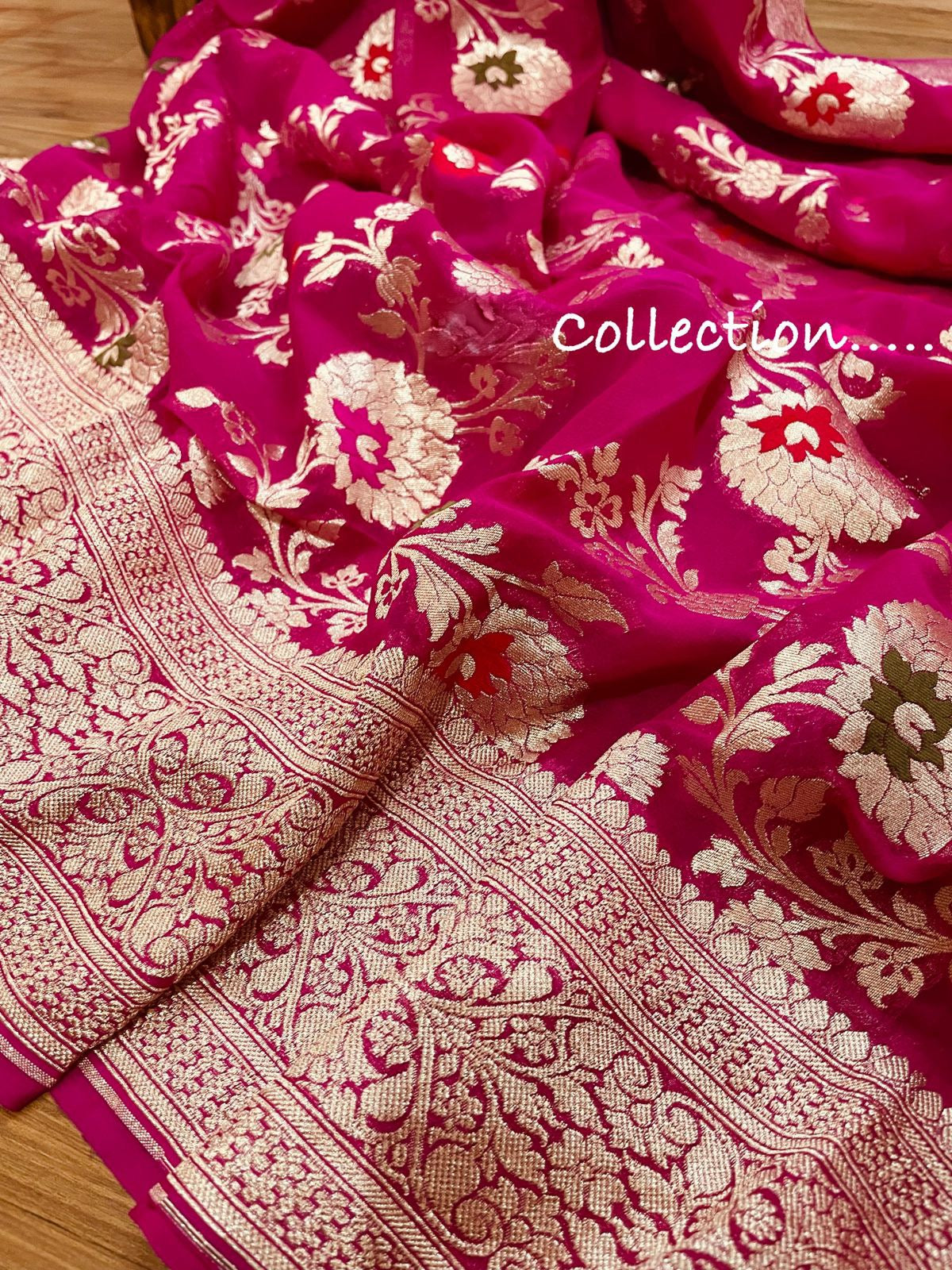Gulabi handloom gorgette saree/banarsi saree - Saffronfashionindia