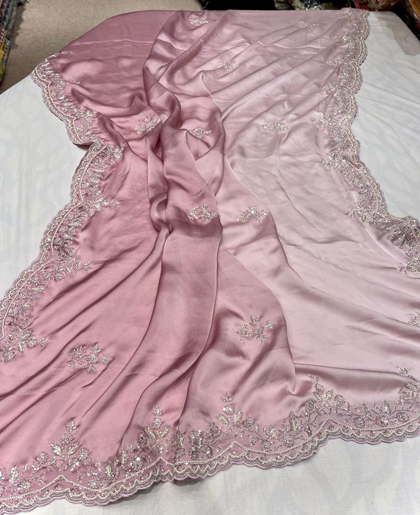 Satin shaded zardosi partywear saree - Saffronfashionindia
