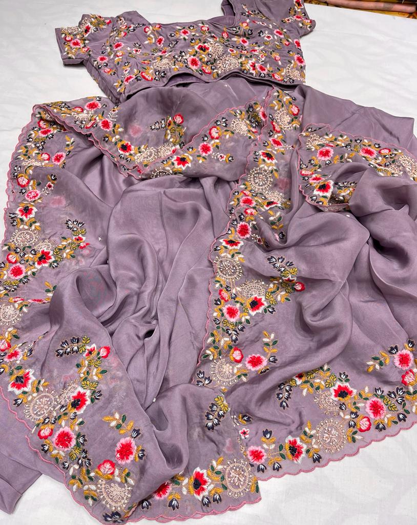 Nishika embroidery organza saree - Saffronfashionindia