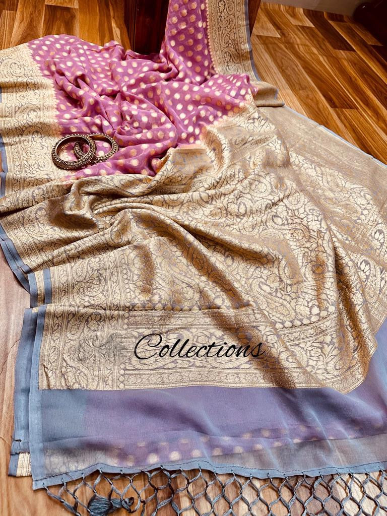 Pink Banarsi handwoven saree - Saffronfashionindia