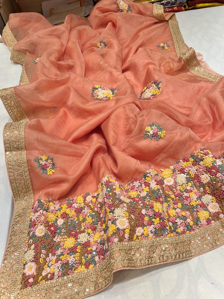 Benzie organza French knot saree - Saffronfashionindia